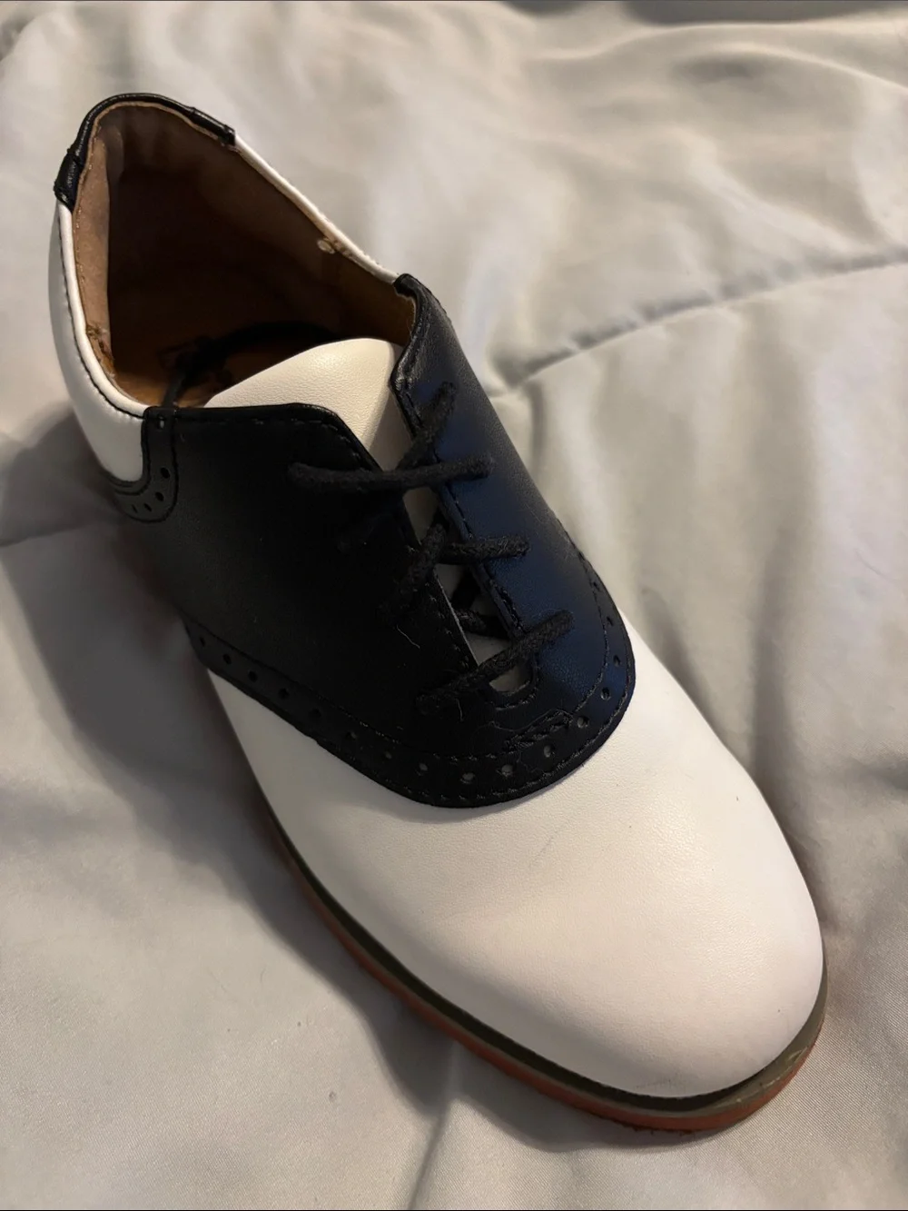 School Issue Two-Tone Kids Saddle Shoes in White and Black with Brown Sole